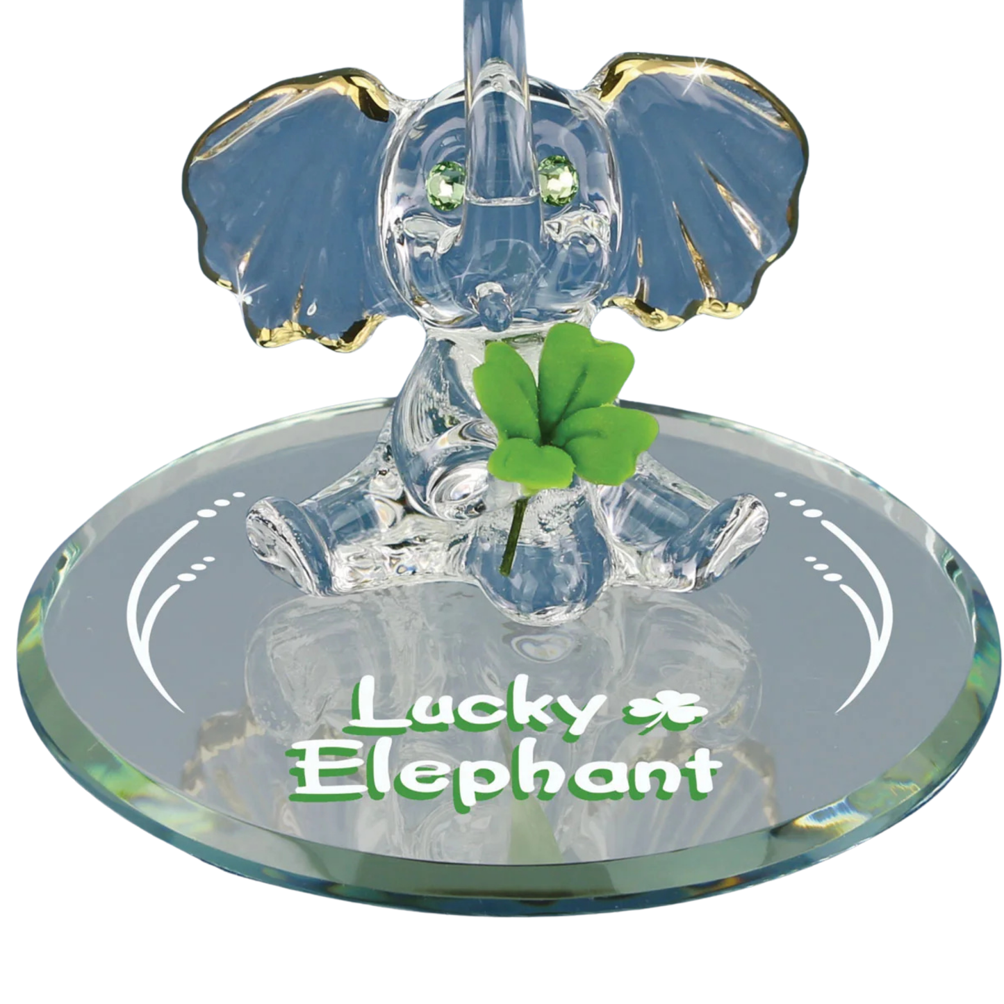 Lucky Elephant Figurine with Clover Handcrafted Glass Elephant with Green Crystal Eyes