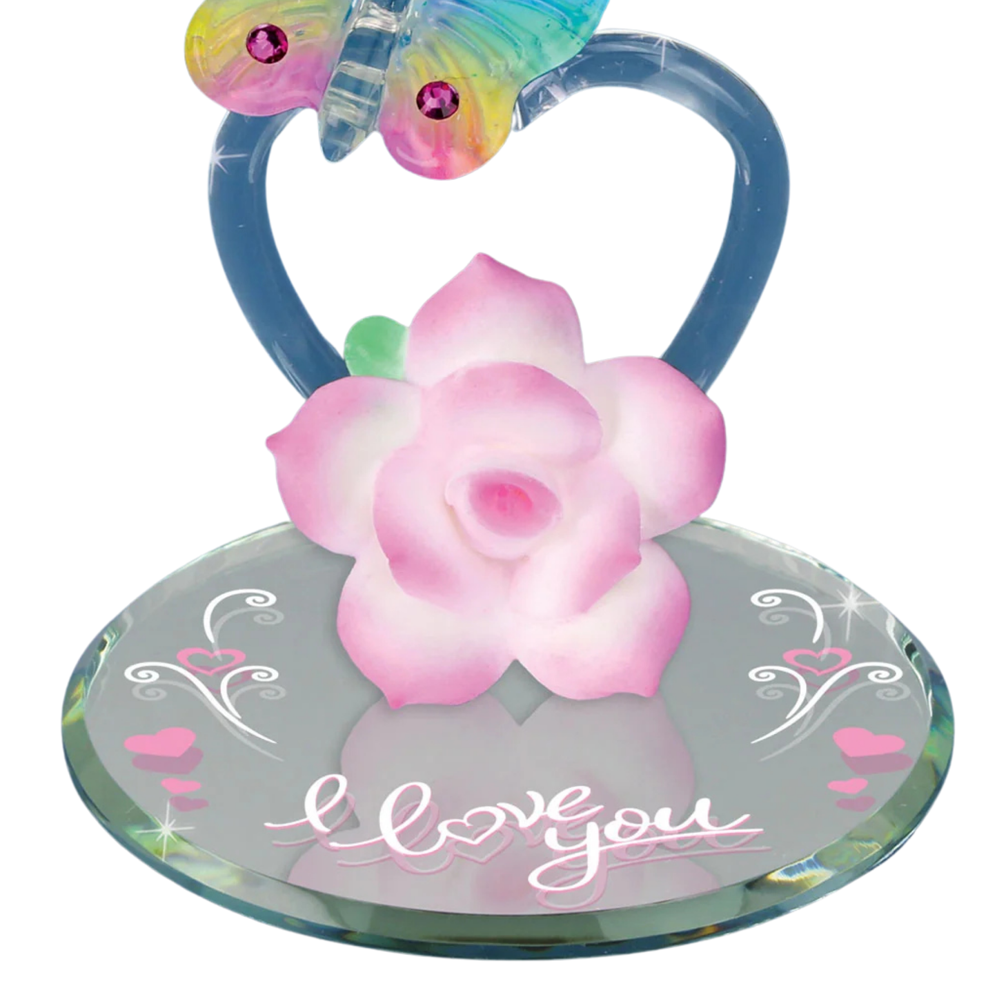 Butterfly on Heart Glass Figurine with Crystals I Love You Romantic Gift