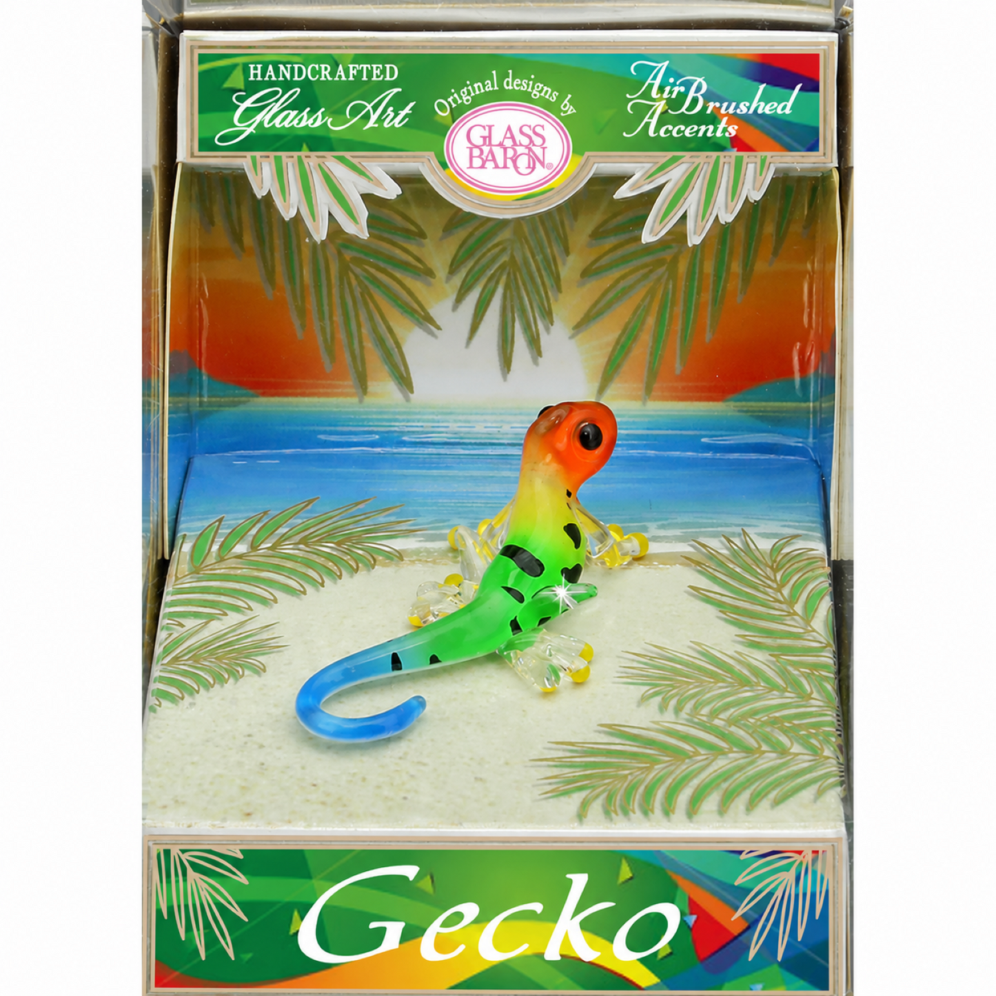 Handcrafted glass gecko figurine with Genuine Crystal accents displayed in a tropical-themed keepsake box.