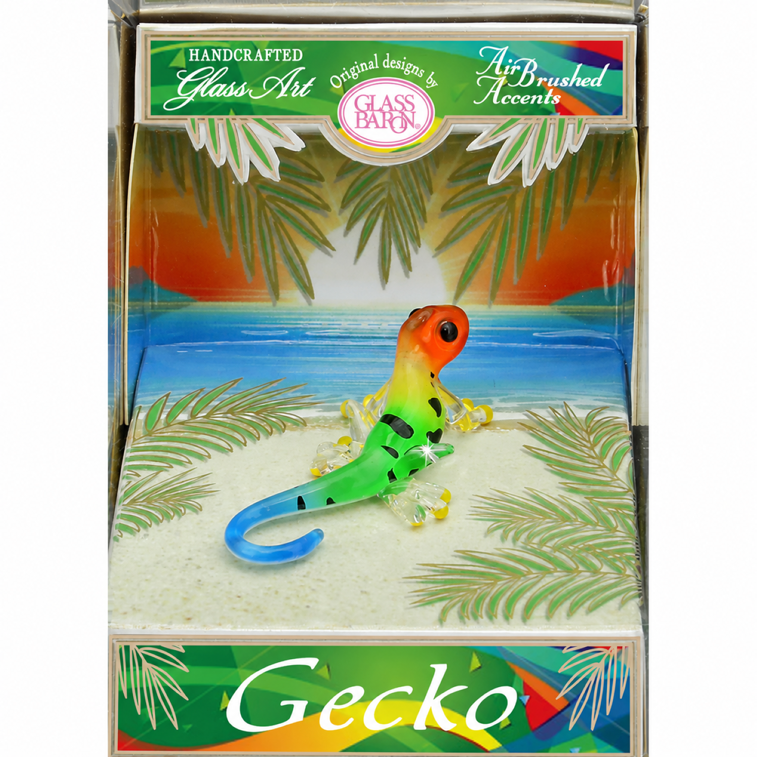 Handcrafted glass gecko figurine with Genuine Crystal accents displayed in a tropical-themed keepsake box.