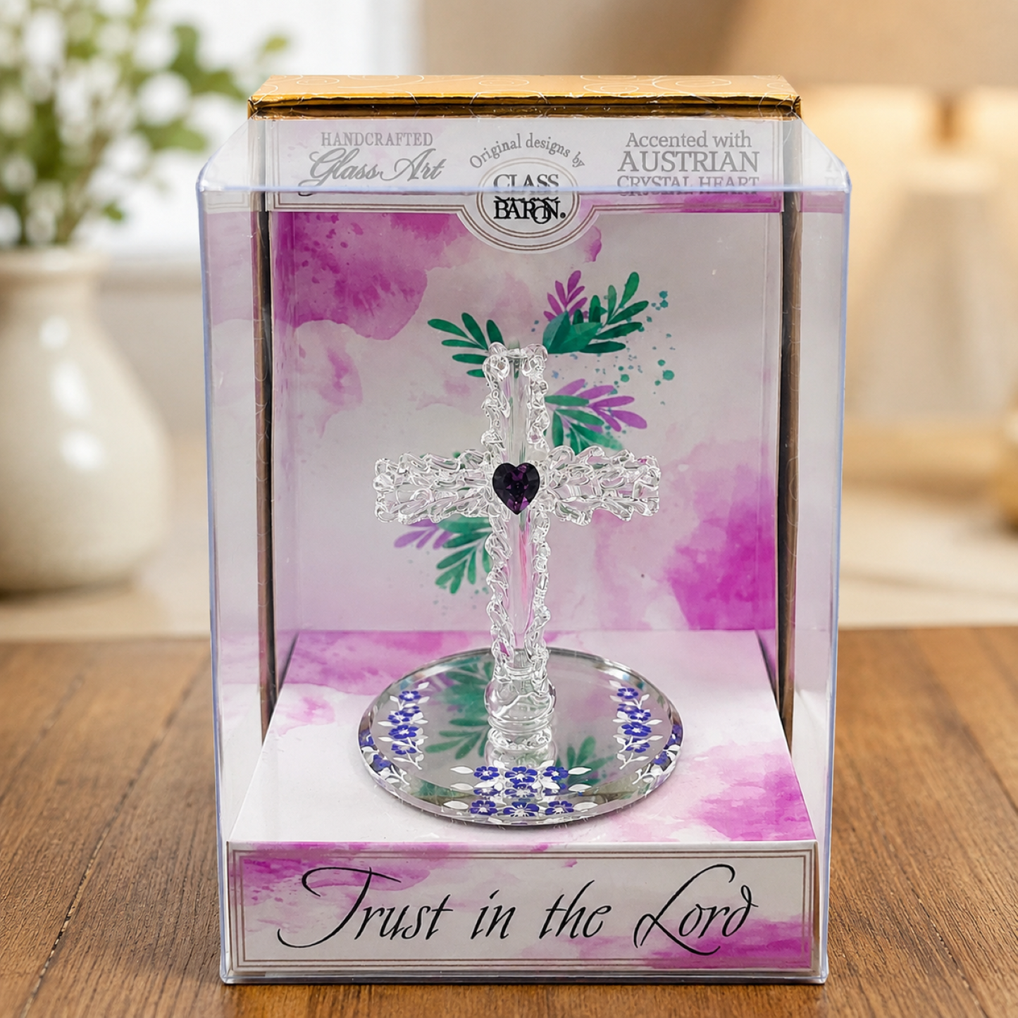 Handcrafted glass Christian cross with purple Austrian crystal in a clear gift box featuring Trust in the Lord message
