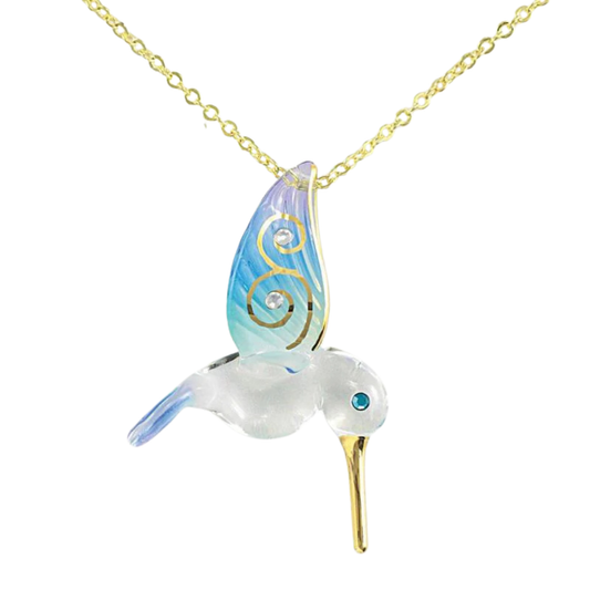 Handcrafted hummingbird glass pendant necklace with blue wings on gold chain