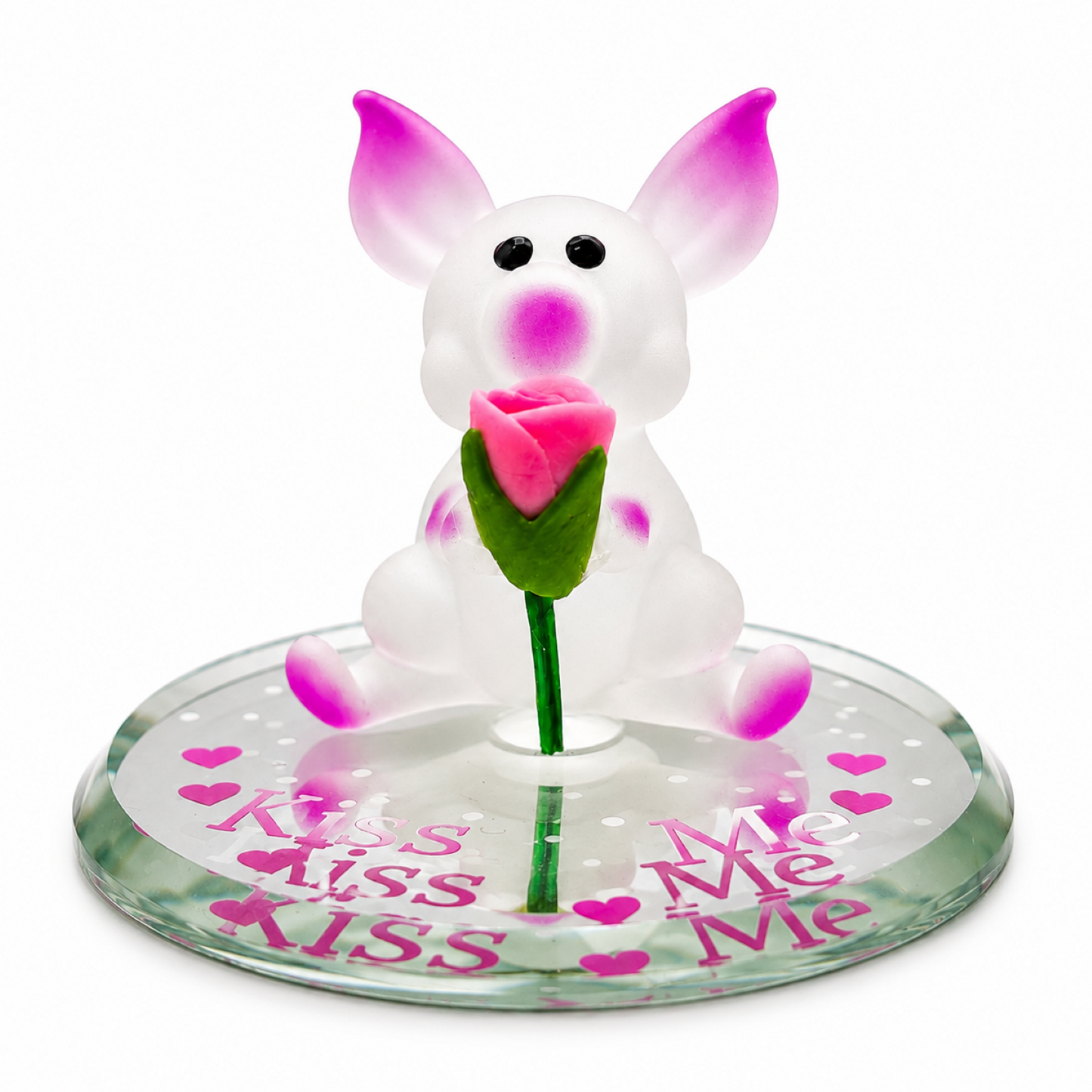 Pig Figurine with Rose, Handcrafted Glass Pig Gift, Romantic Gift, Valentine Gift, Love Collectible, Glass Decor