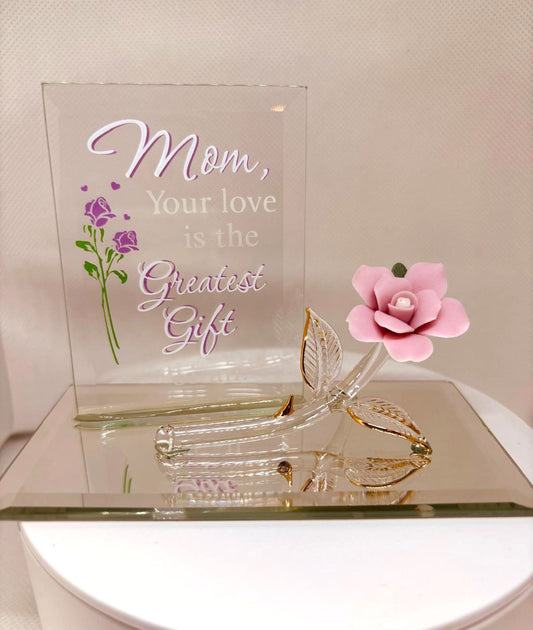 mom glass rose figurine pink flower gift mothers day mirror base engraved message decor