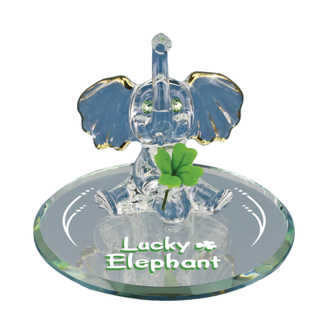 Lucky Elephant Figurine with Clover Handcrafted Glass Elephant with Green Crystal Eyes