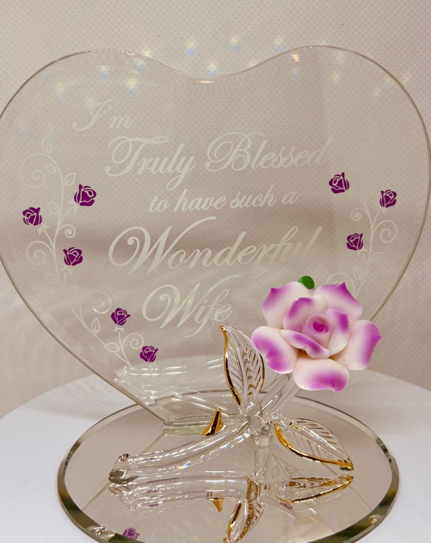 Pink Rose Truly Blessed Wife Figurine | Handcrafted Glass Gift for Wife or Anniversary