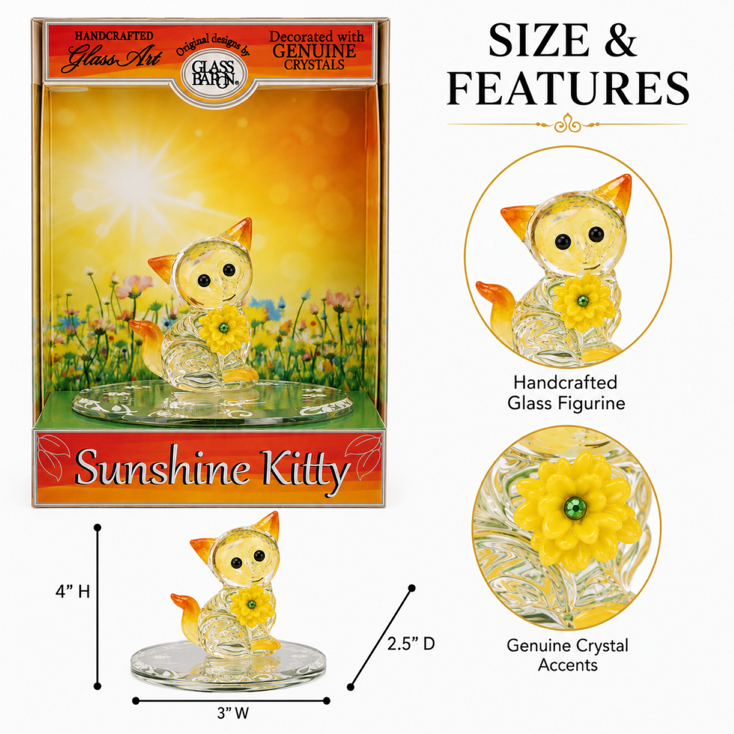 Sunshine Kitty Keepsake Box, Handcrafted Glass Cat Figurine, Cat Lover Gift, Glass Art Collectible, Home Décor