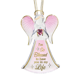 Handcrafted glass angel ornament holding pink crystal heart with “I’m Blessed” message