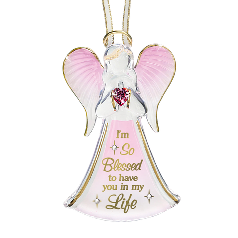 Handcrafted glass angel ornament holding pink crystal heart with “I’m Blessed” message