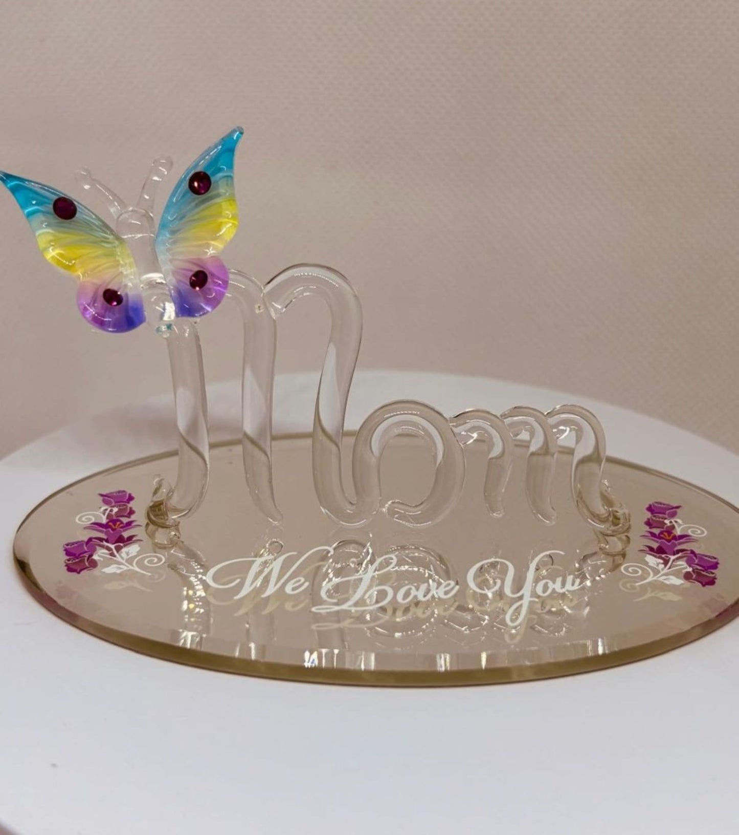 I Love You Mom Figurine | Handcrafted Glass Butterfly Decor | Mother’s Day Gift