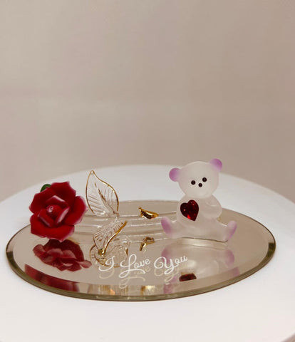 Sweetheart Bear Figurine | Handcrafted Glass Bear with Red Heart and Rose | I Love You Gift