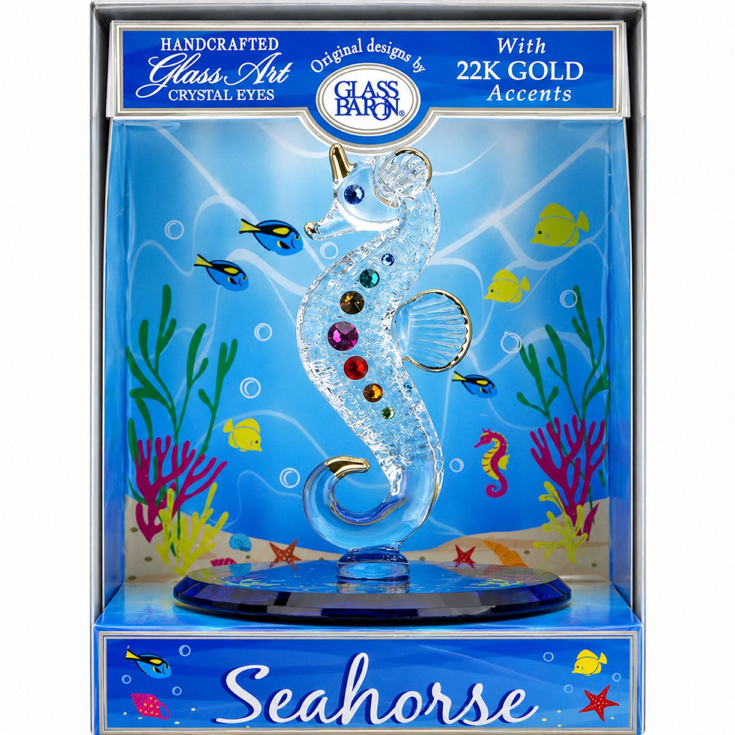 Handcrafted glass seahorse figurine with crystal accents displayed in a coastal-themed keepsake box.