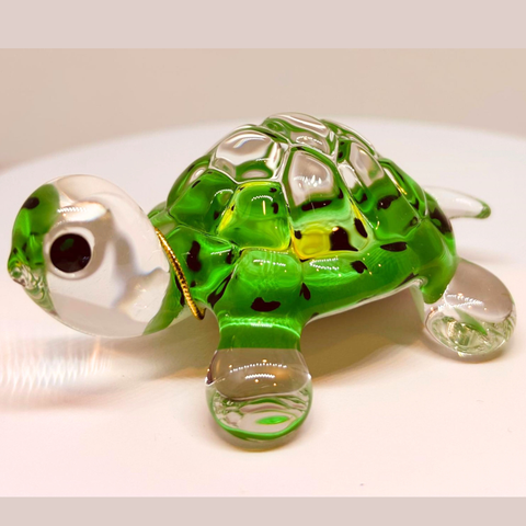 Bright Green Turtle Figurine Handcrafted Glass Collectible with Crystal Eyes