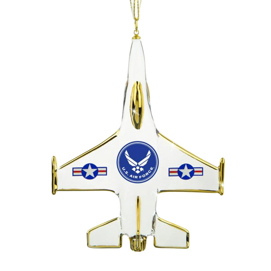 Air Force F-16 jet ornament with gold ribbon and military design