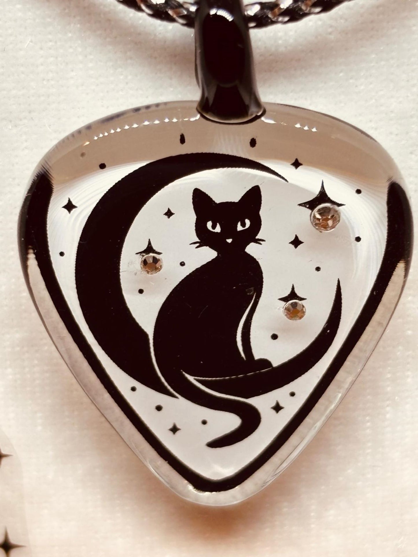 Cat and Moon Necklace Handcrafted Glass Pendant with Crystals on Cord Chain