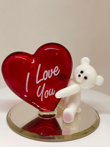 Glass Bear Figurine I Love You Bear Romantic Gift for Her, Handcrafted Glass Art Decoration