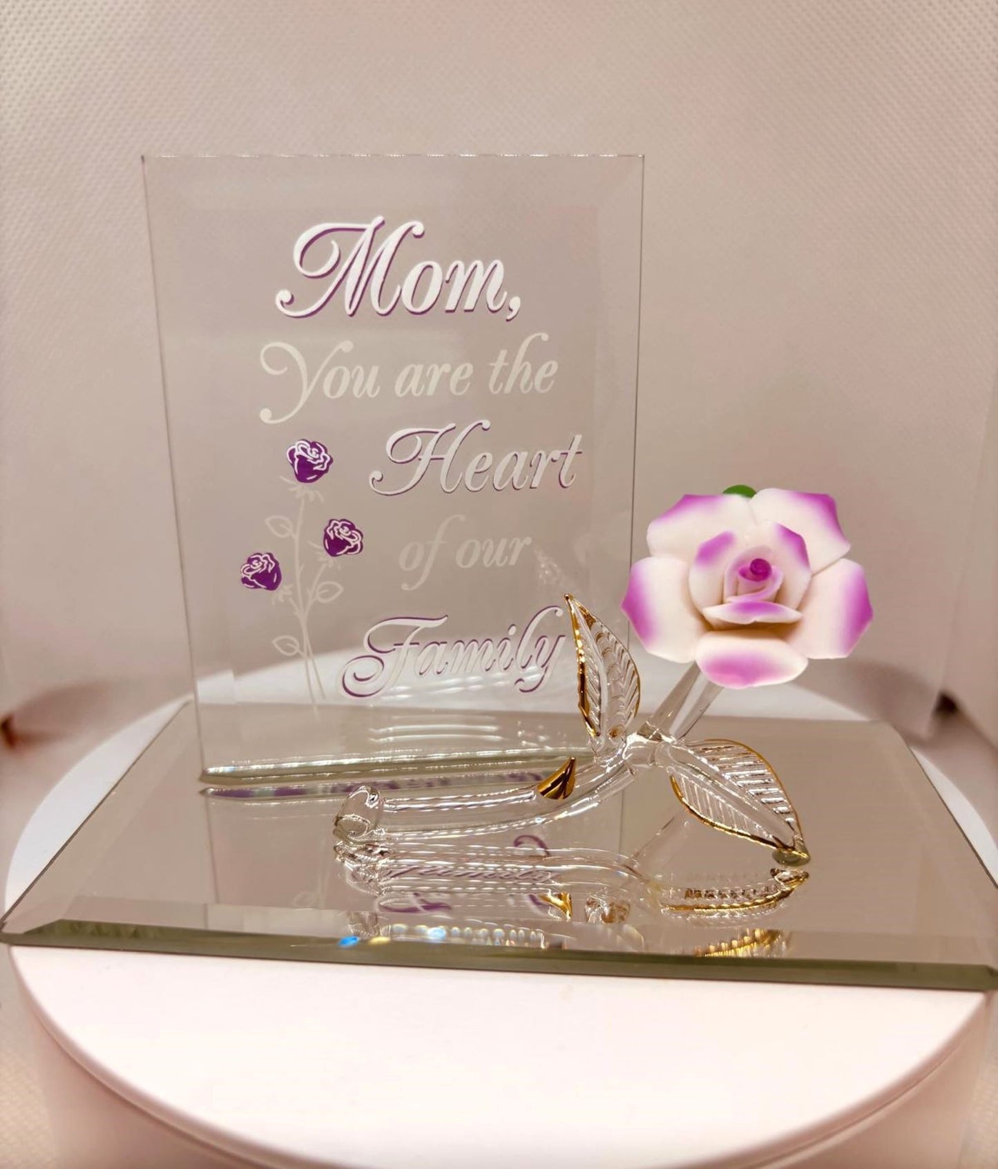 Mom You Are the Heart of Our Family Figurine, Handcrafted Glass Rose Gift for Mom
