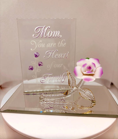 Mom You Are the Heart of Our Family Figurine, Handcrafted Glass Rose Gift for Mom