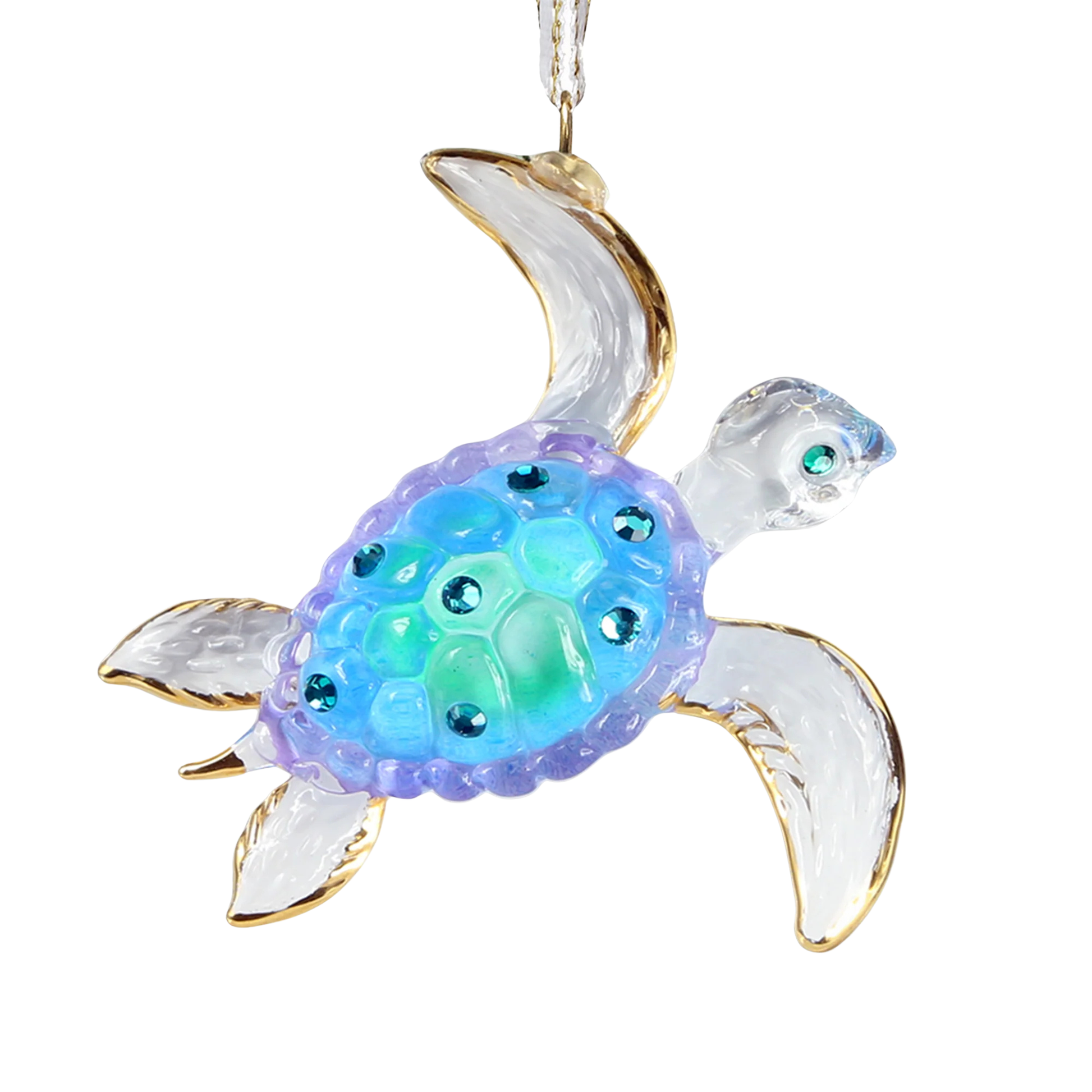 Handcrafted glass sea turtle ornament with blue shell, genuine crystal accents, and gold details for Christmas tree or coastal décor.