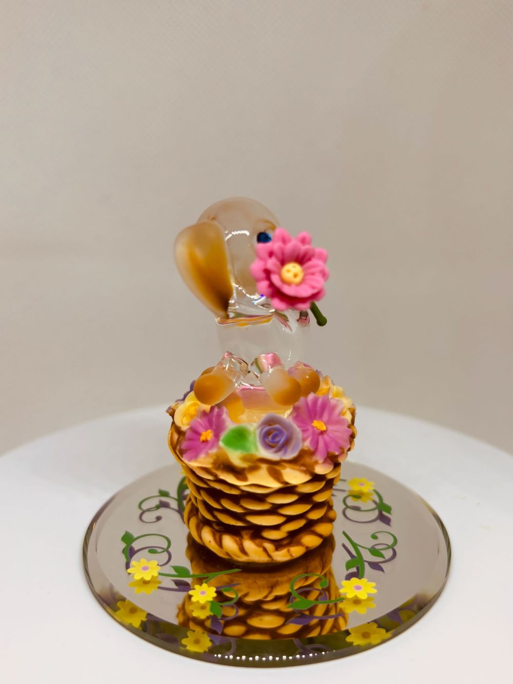 Playful Glass Puppy Figurine in Flower Basket | Dog Lover Gift Decor