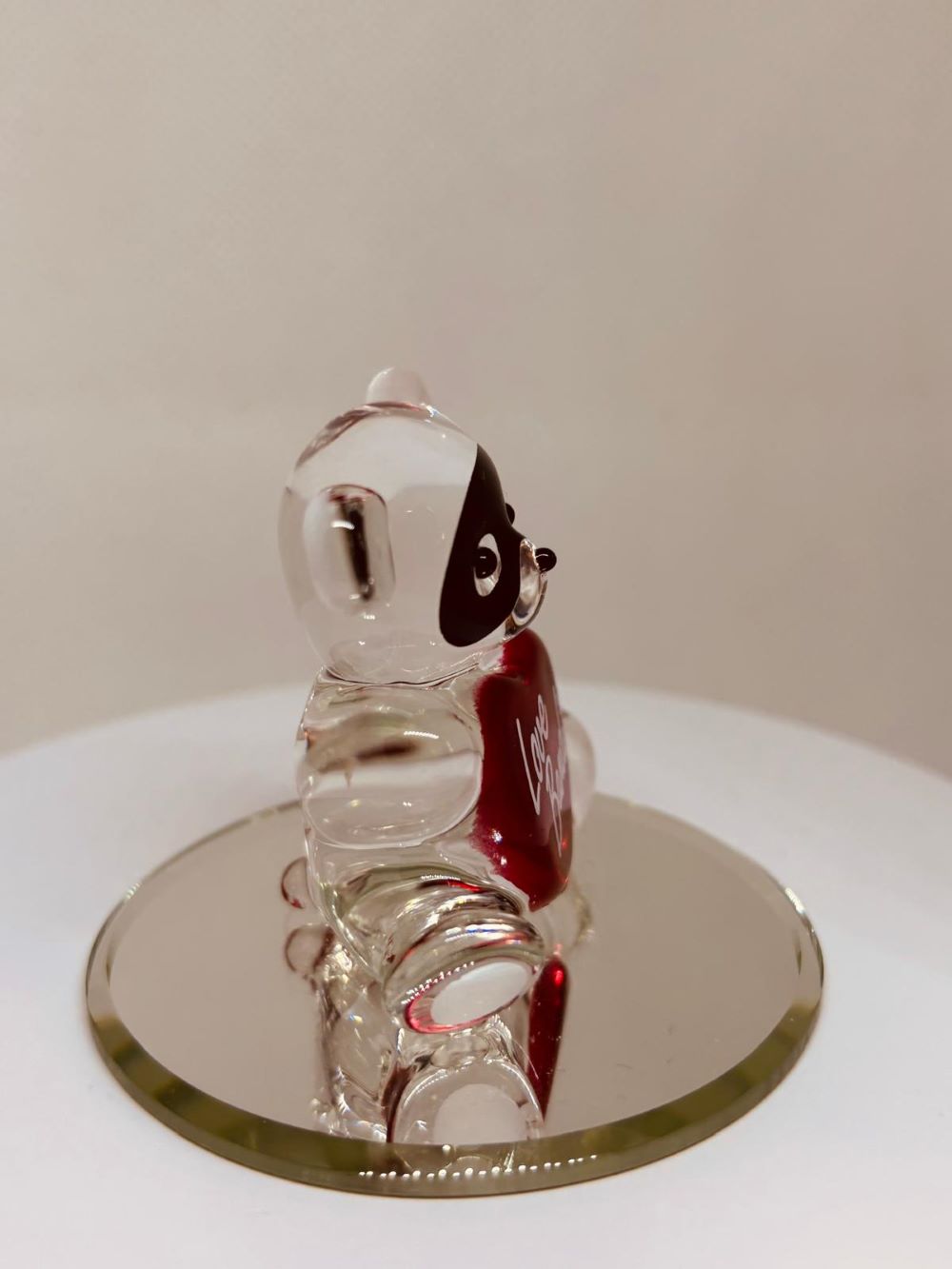 Love Bandit Bear Figurine, Handcrafted Glass Bear with Red Heart
