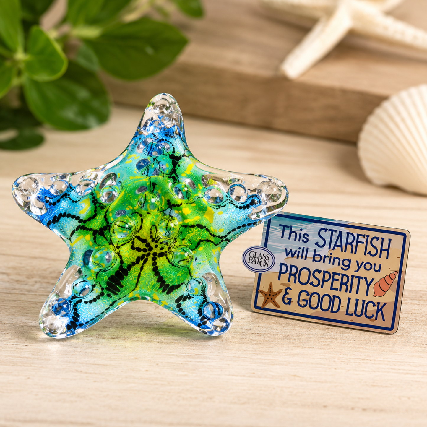 Handcrafted Caribbean Blue Starfish glass figurine with Prosperity and Good Luck tag