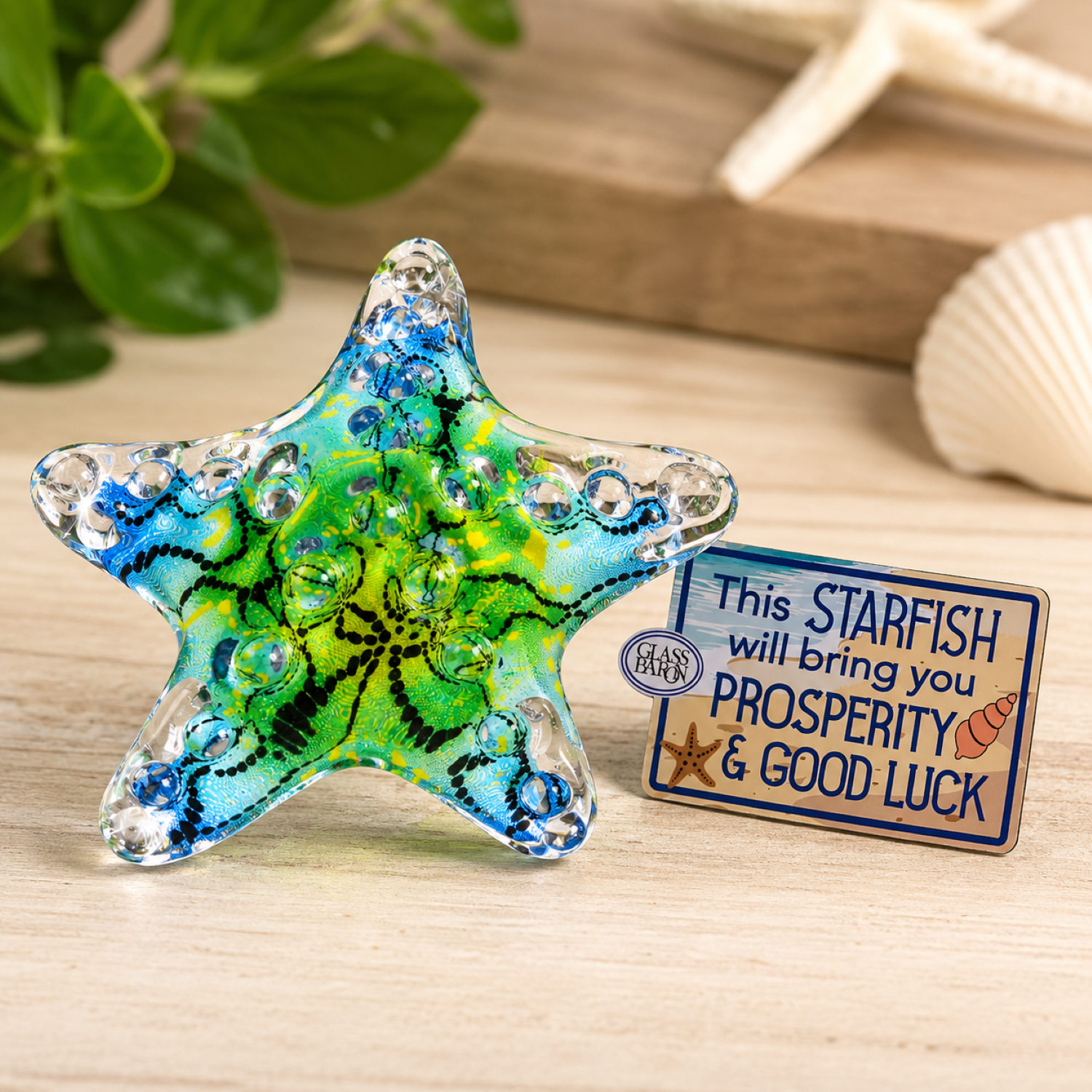 Handcrafted Caribbean Blue Starfish glass figurine with Prosperity and Good Luck tag