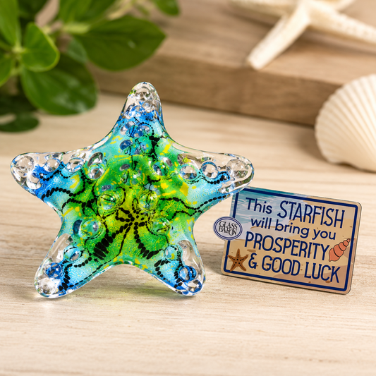 Handcrafted Caribbean Blue Starfish glass figurine with Prosperity and Good Luck tag