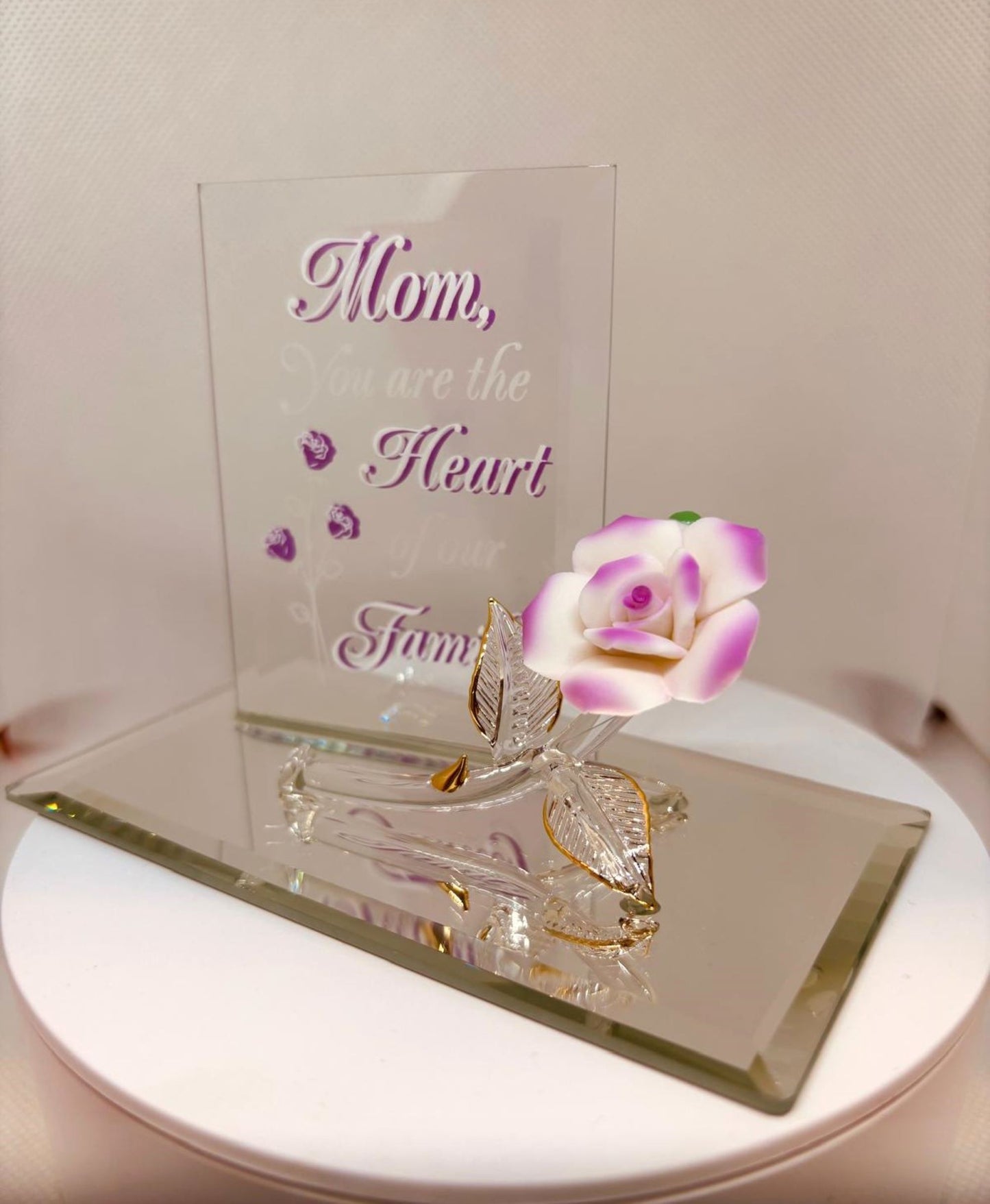 Mom You Are the Heart of Our Family Figurine, Handcrafted Glass Rose Gift for Mom
