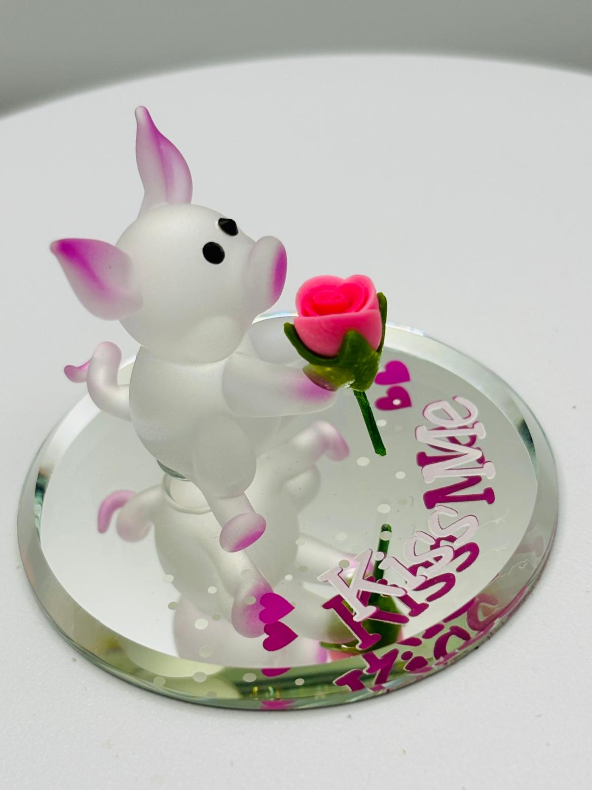 Pig Figurine with Rose, Handcrafted Glass Pig Gift, Romantic Gift, Valentine Gift, Love Collectible, Glass Decor