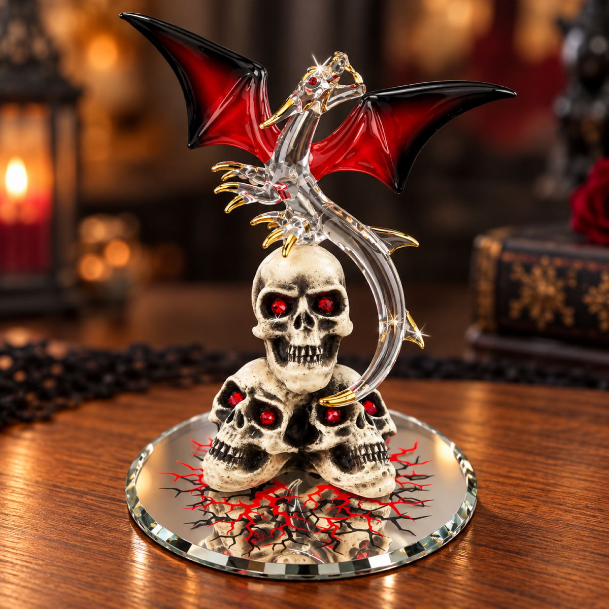 Dragon Skull Figurine, Red Winged Dragon Decor, Gothic Fantasy Gift