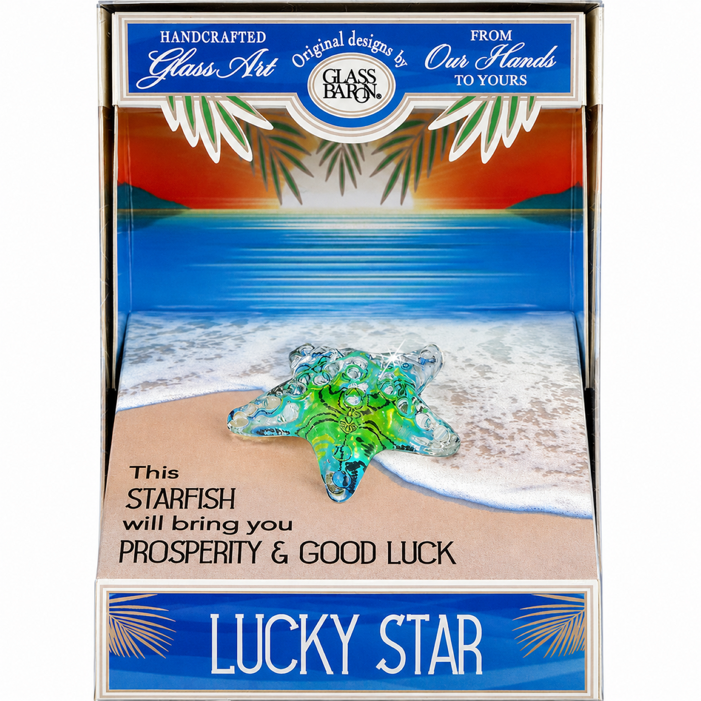 Handcrafted Caribbean blue glass starfish figurine in a coastal-themed keepsake box with a prosperity and good luck message.