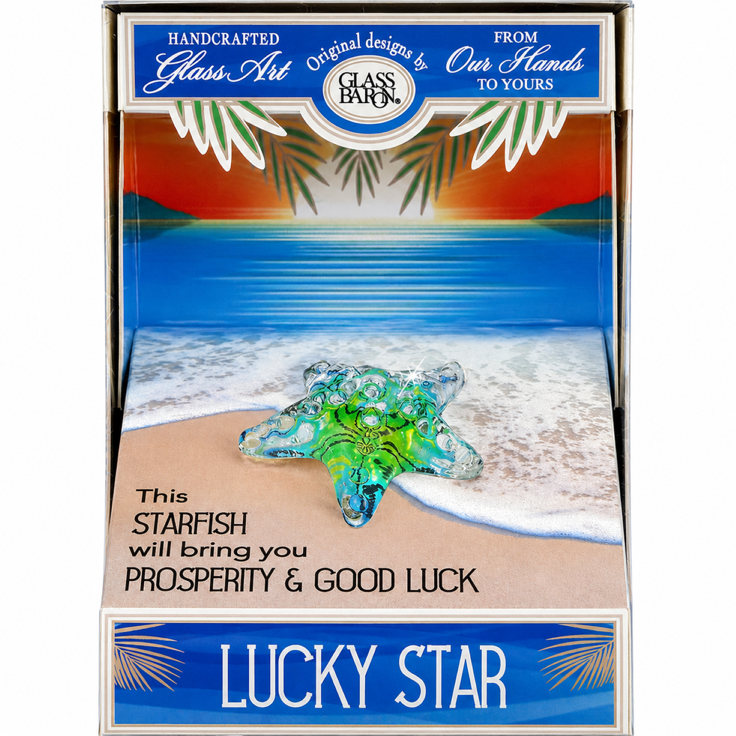 Handcrafted Caribbean blue glass starfish figurine in a coastal-themed keepsake box with a prosperity and good luck message.