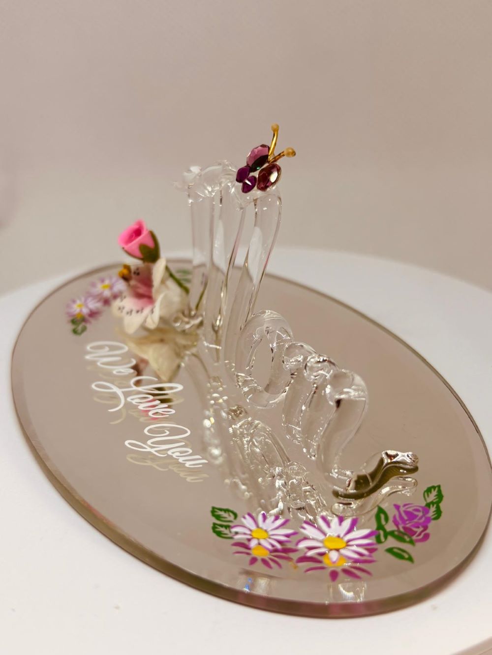 Mom “We Love You” Glass Figurine | Handcrafted Floral Gift with Butterfly Accent