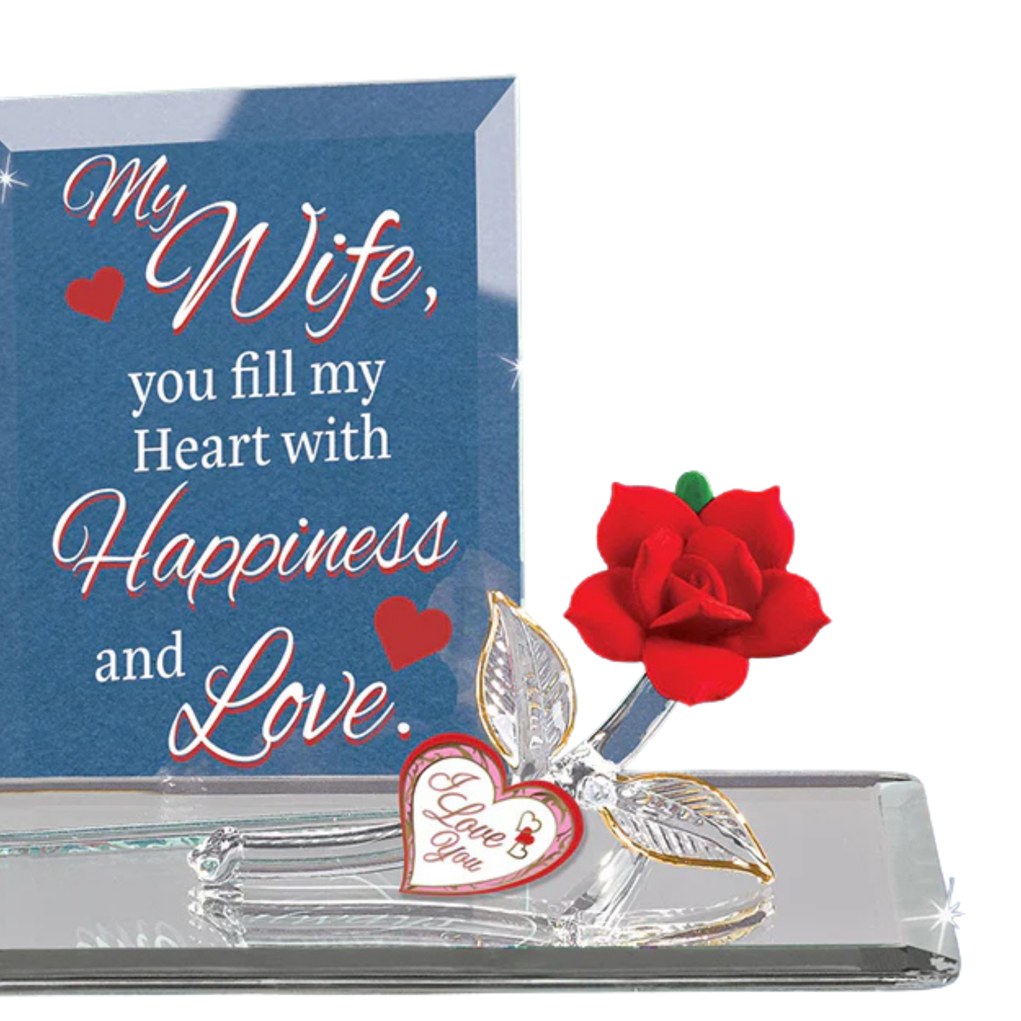 My Wife Happiness and Love Glass Rose Figurine with Crystals and Heart Tag