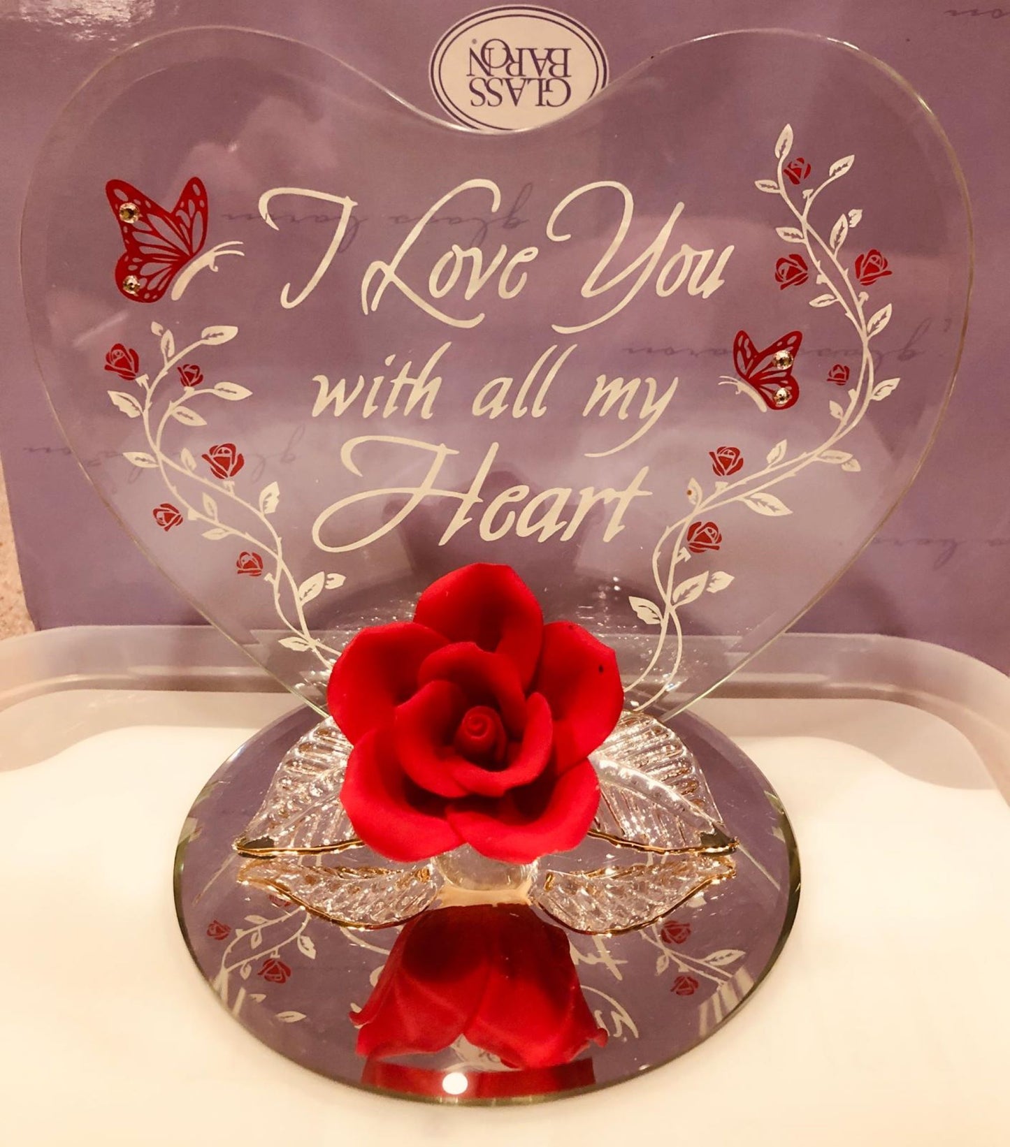 “I Love You With All My Heart” Rose Figurine | Glass Romantic Décor