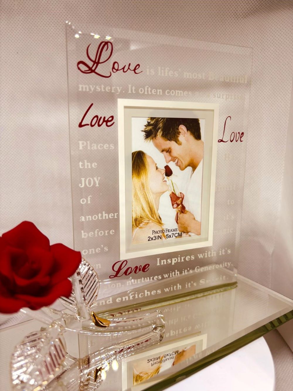 Love is Beautiful Picture Frame | Handcrafted Glass Frame with Rose Design