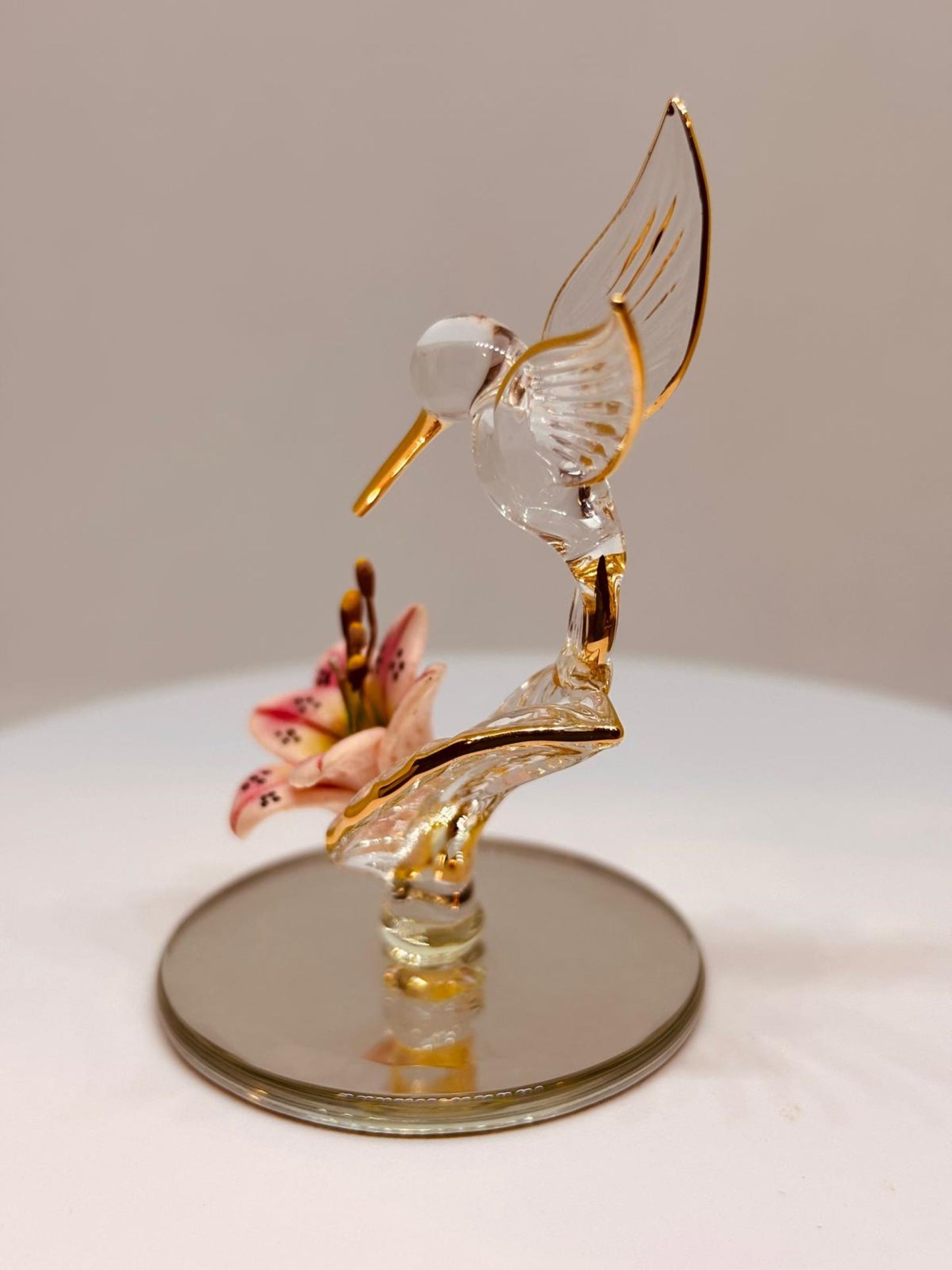Hummingbird with Pink Flower Glass Figurine Bird and Lily Home Decor