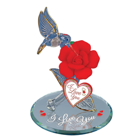 Handcrafted glass hummingbird figurine with red rose, crystal accents, and I Love You message on beveled mirror base