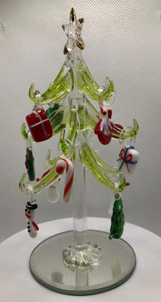 Green Glass Christmas Tree 6 inch with Ornaments
