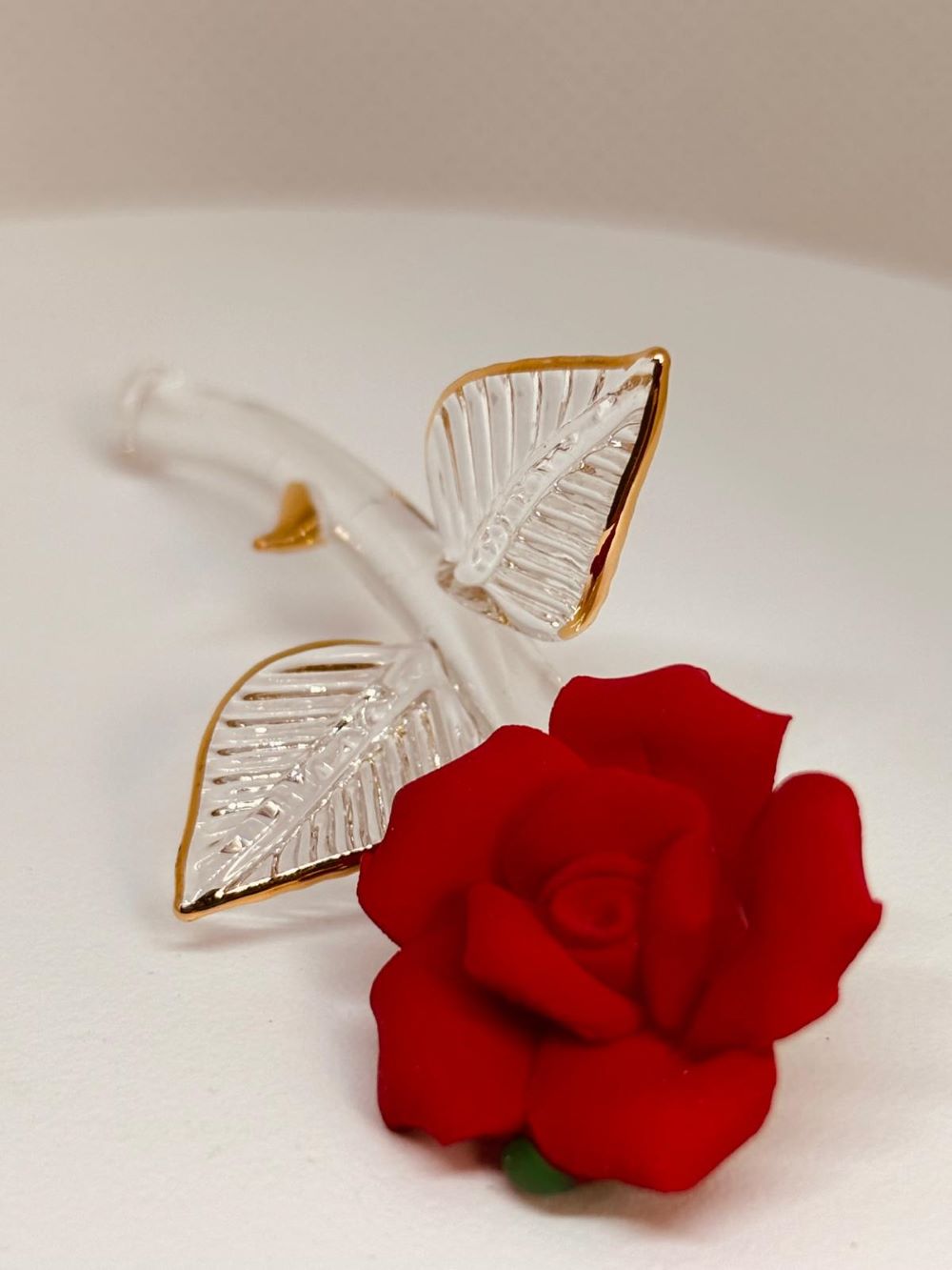 Red Rose Stem Figurine | Handcrafted Porcelain Rose with Glass Stem and 22Kt Gold