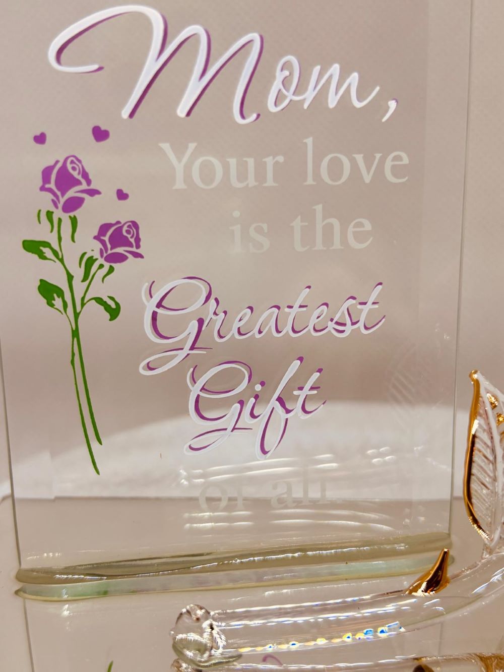 Pink Rose Mom “Greatest Gift” Glass Figurine | Handcrafted Mother’s Day I Love You Mom Gift
