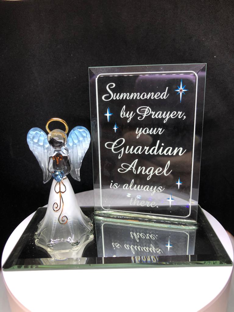 Guardian Angel Figurine with Blue Crystal Heart Handcrafted Glass Angel Gift