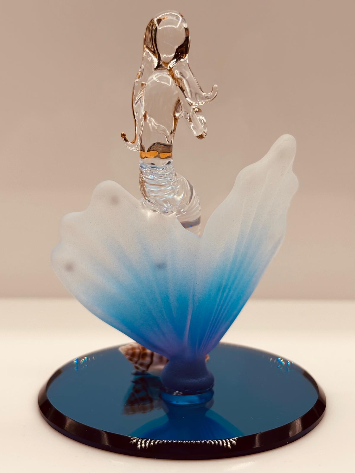 Mermaid on Blue Coral Glass Figurine | Crystal Ocean Mermaid Fantasy Décor
