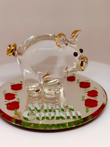 Pig “What’s Cookin” Figurine Handcrafted Glass Farm Pig Decor