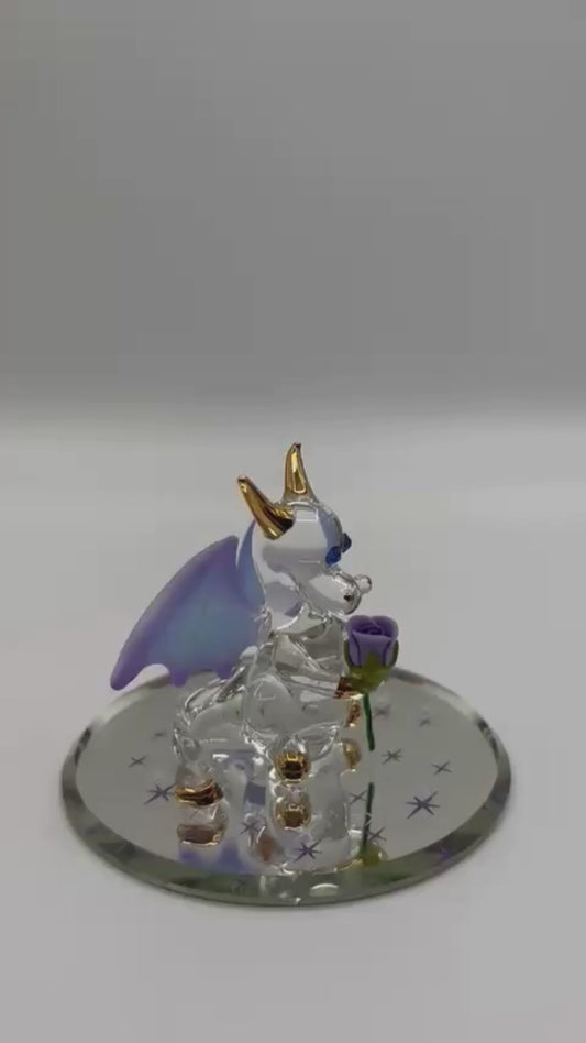 Glass Dragon Figurine Holding Purple Rose, Dragon Lover Gift, Fantasy Decor