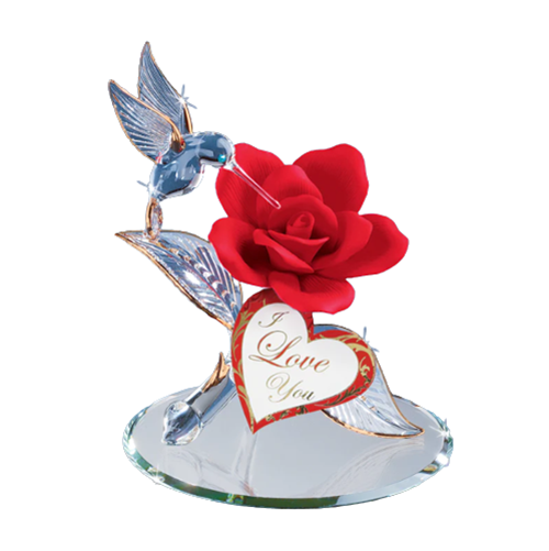 Glass Hummingbird & Red Rose Figurine Collectible I Love You