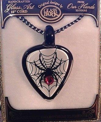 Glass Baron Spider and Web Guitar Pick Necklace Red Ruby Crystal