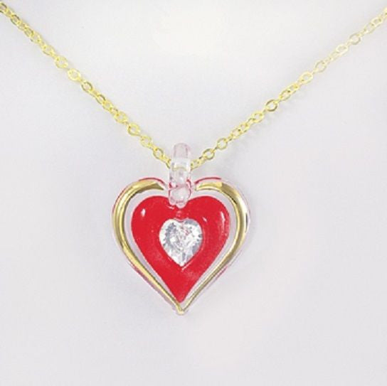 Red Heart Necklace with Crystal ~ 22kt gold trim