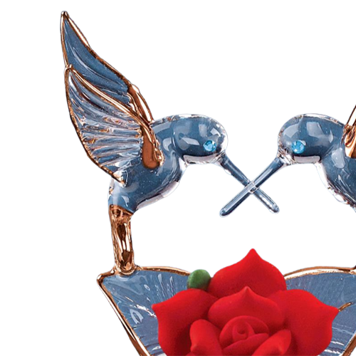 Hummingbird Figurine, Hummingbird with Red Rose, Handmade Glass Rose Figurine, Valentines Day Gift, Mothers Day Flower Gift
